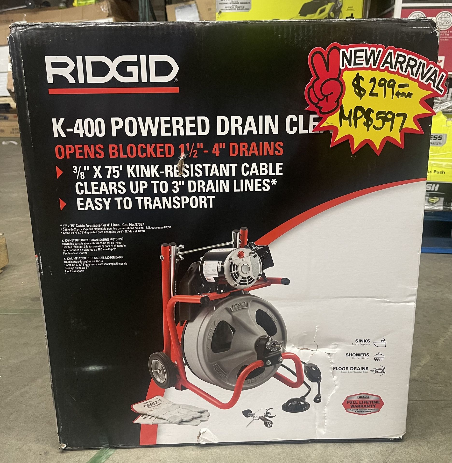 RIDGID K-400 Drain Cleaning Snake Auger 120-Volt Drum Machine with C-32IW 3/8 in. x 75 ft. Cable + 4-Piece Tool Set & Gloves