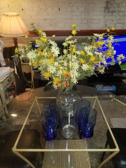 Clear Glass Pitcher and 4 Blue Clear Glasses for Sale