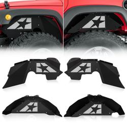 Front & Rear Inner Fender Liners Compatible with 2007-2018 Jeep Wrangler JK & JKU, Slanted White Star Style Mud Guards Steel Wheel Well Cover Fenders 