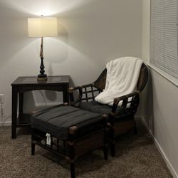 Wicker chair with ottoman & lamp
