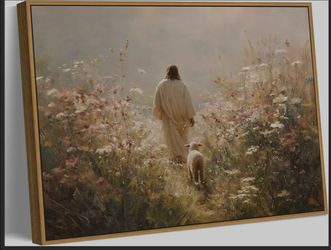 24x16 Jesus Leaves the 99 Sheep Canvas Wall Art The Lost Sheep Bible Stories Wall Decor Pictures Christian Wildflowers Painting for Bedroom Prayer Roo