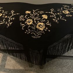 Beautiful Elegant Black Embroidered Shawl Wrap with Gold Flowers Design Black Lace with Fringe  