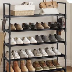 5 Tiers Black Shoe Rack Shoe Organizer Shoe Storage for Closet for Entryway 20-25 Pairs with Hooks Metal Pipes Plastic Connectors