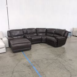 Brown Leather Reclining Sectional Couch with Cup Holders