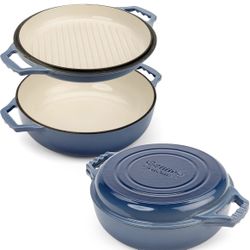 2 in-1 Enameled Cast Iron Braiser Pan with Grill Lid