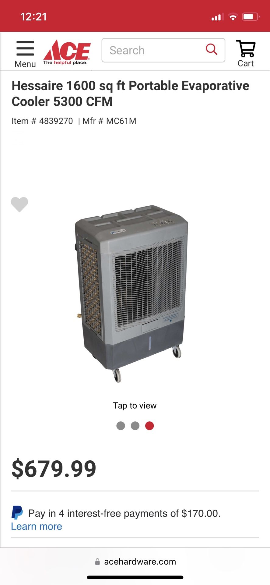 Hessaire Swamp Cooler* New In Box 1600 Cfm Evap Cooler