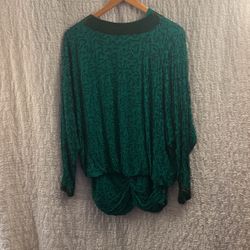 Green Two Peace 100% Silk Beaded Cocktail Dress Size Medium 