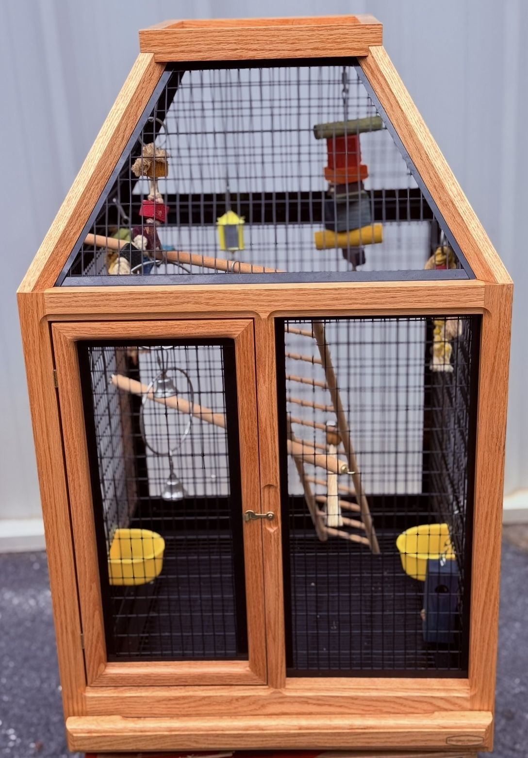 Vintage Designer Oak Bird Cage with Toys & Perches – Elegant Handcrafted Aviary