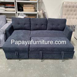 New! Dark blue sectional sofa with pull-out bed, sectional, sofa, couch, Sofabed, sleeps sofa, brand new set! Dimensions 81.5”L x 53” chaise  ✅ Brand 