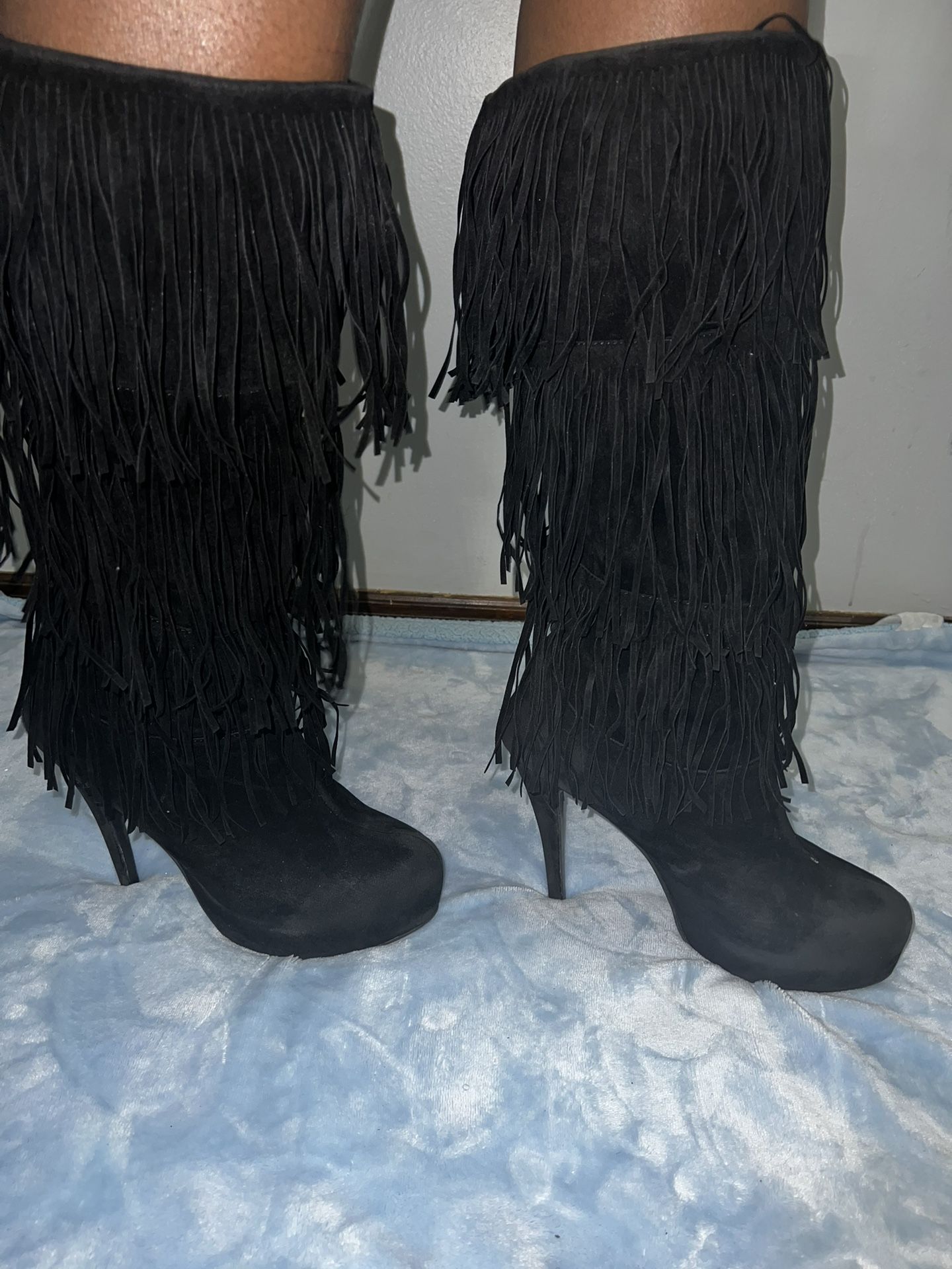 Suede Fringes heeled boots Black - Size 10