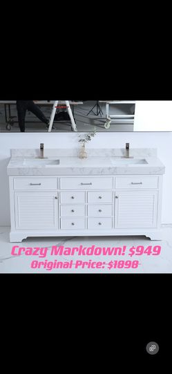 72 inch Bathroom Vanity Sink Combo Cabinet with marble top and backsplash 