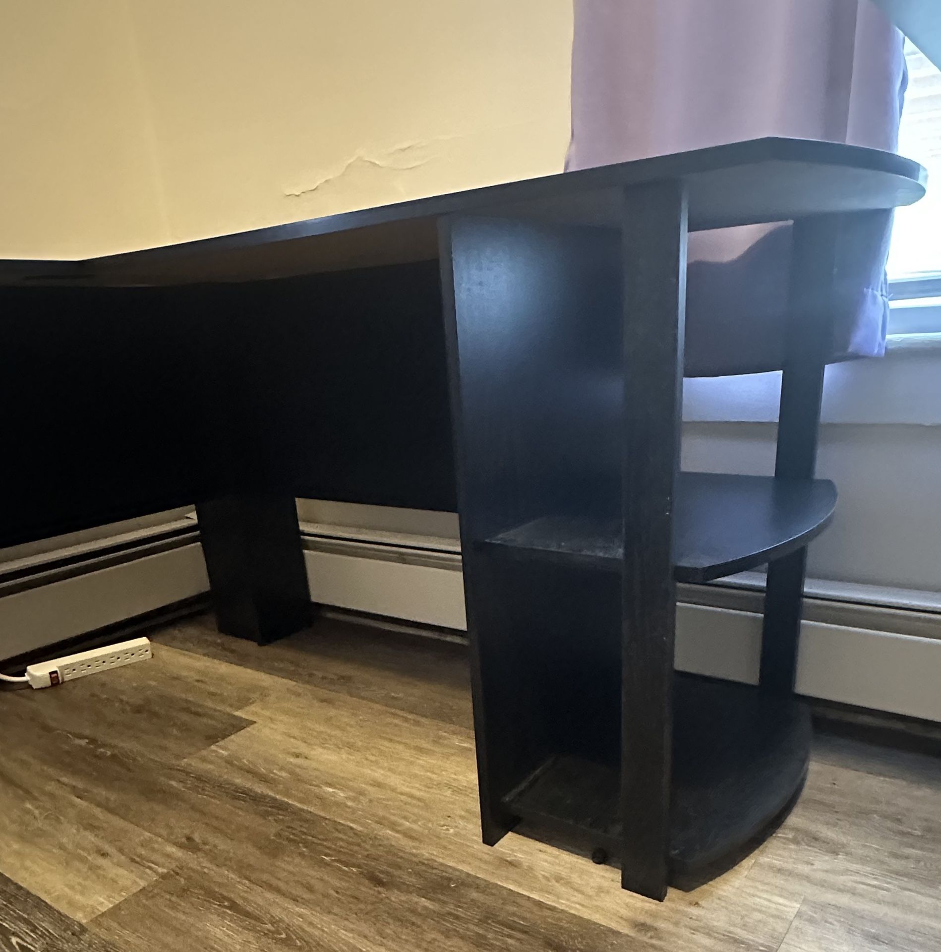 black wood desk with two side shelves