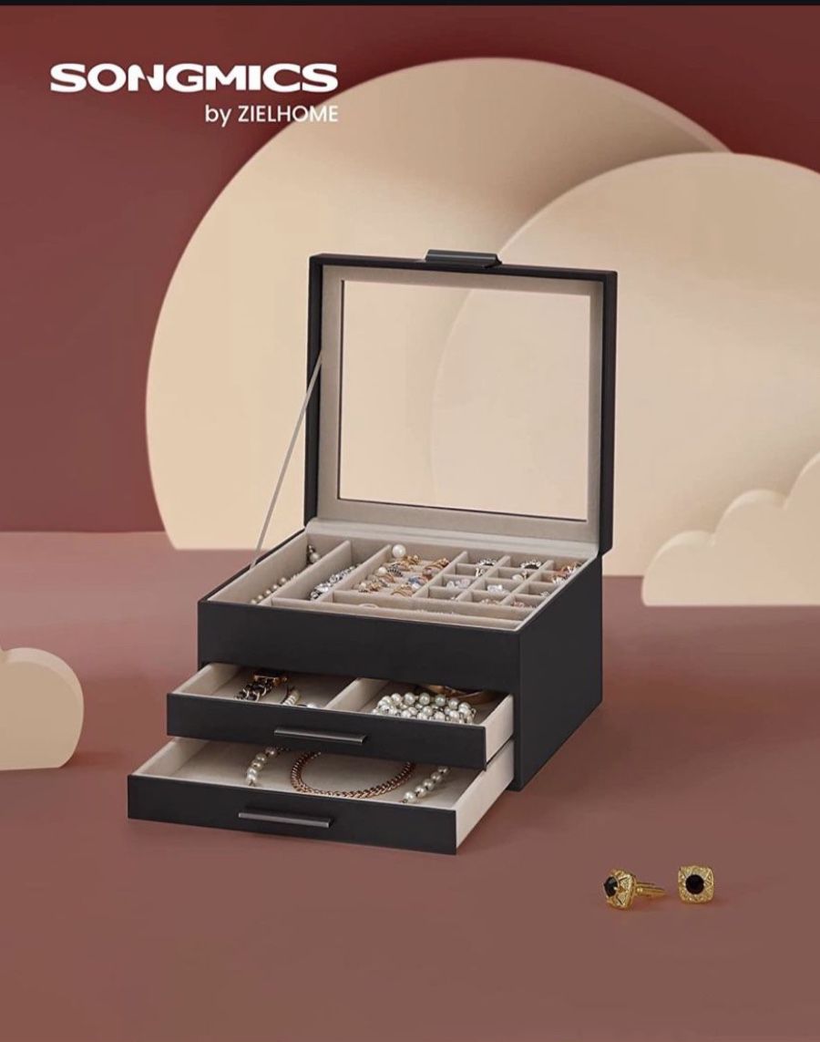 Jewelry Box with Glass Lid, 3-Layer Jewelry Organizer, 2 Drawers, Jewelry Storage