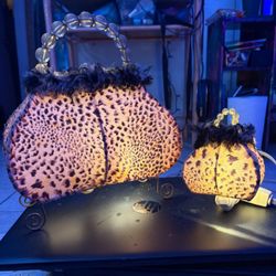 WORKS Vintage Leopard Print Purse Lamp Beaded Handle Faux Fur Trim