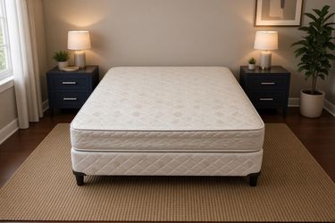 Spring Air full size mattress $95, 9” boxspring $50, metal bed frame $25