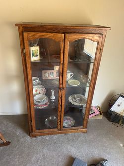 Oak Wood Curio Cabinet with Glass Doors