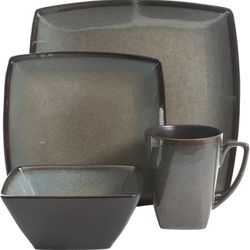 Gibson Elite 16 Piece Glazed Square Dinnerware Set with Plates, Bowls, and Mugs