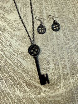 Coraline Black Skeleton Key Necklace and Earring Set