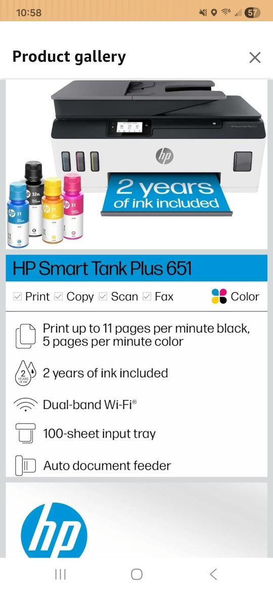 HP Smart -Tank Plus 651 Wireless All-in-One Ink -Tank Printer, up to 2 Years of Ink in Bottles, Auto Document Feeder, Mobile Print, Scan, Copy,, Fax, 