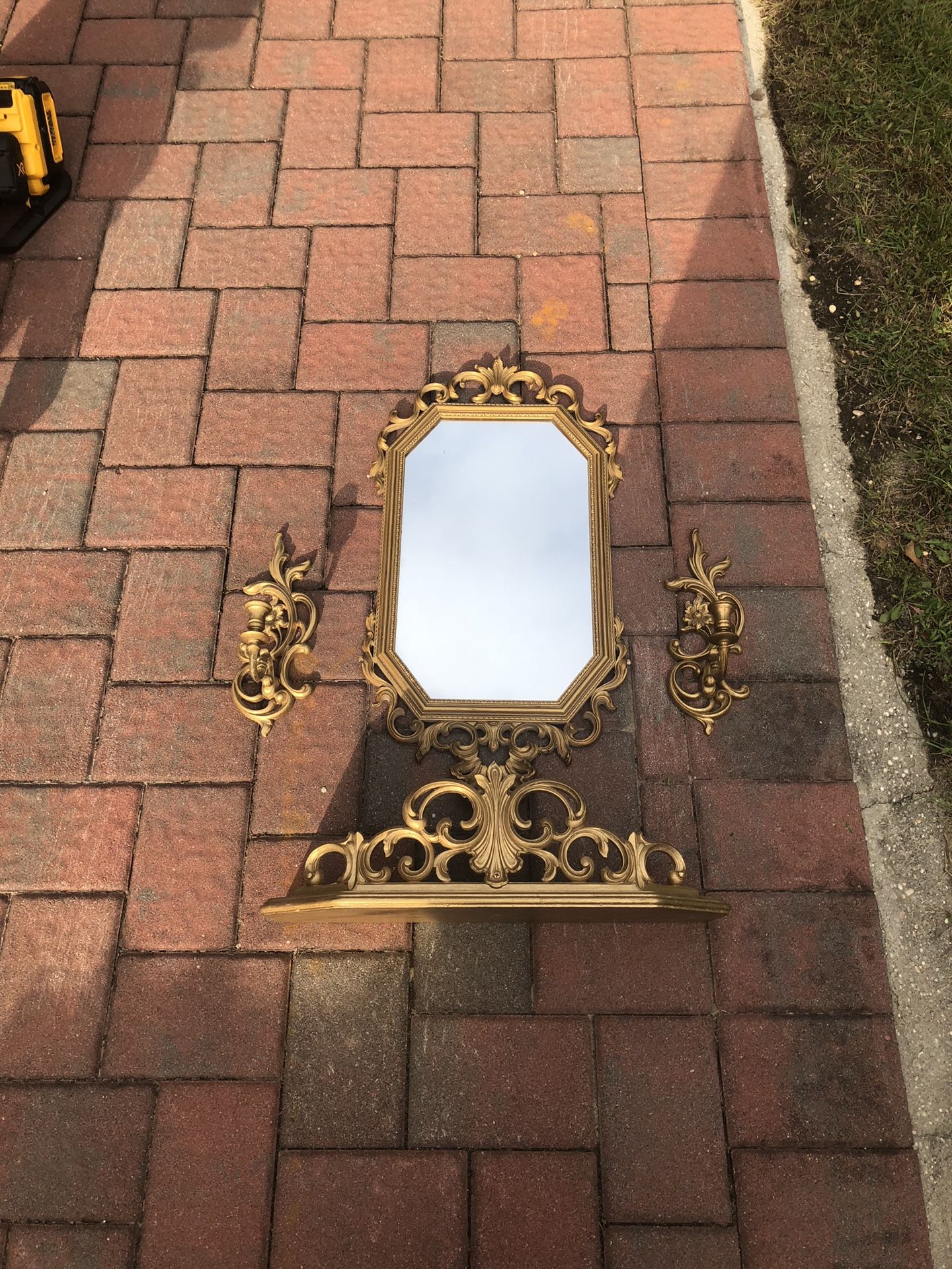Beautiful antique gilded mirror shelf set (2 available)