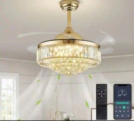 Smart Ceiling Fan Retractable 42/20 Antique Crystal Gold, Remote, App, Wall, LED 3CCT,6 Speeds, Dimmable