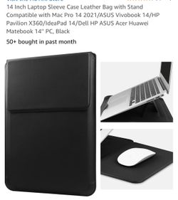 14 Inch Laptop Sleeve Case Leather Bag with Stand Compatible with Mac Pro 14 2021/ASUS Vivobook 14/HP Pavilion X360/IdeaPad 14/Dell HP ASUS Acer Huawe