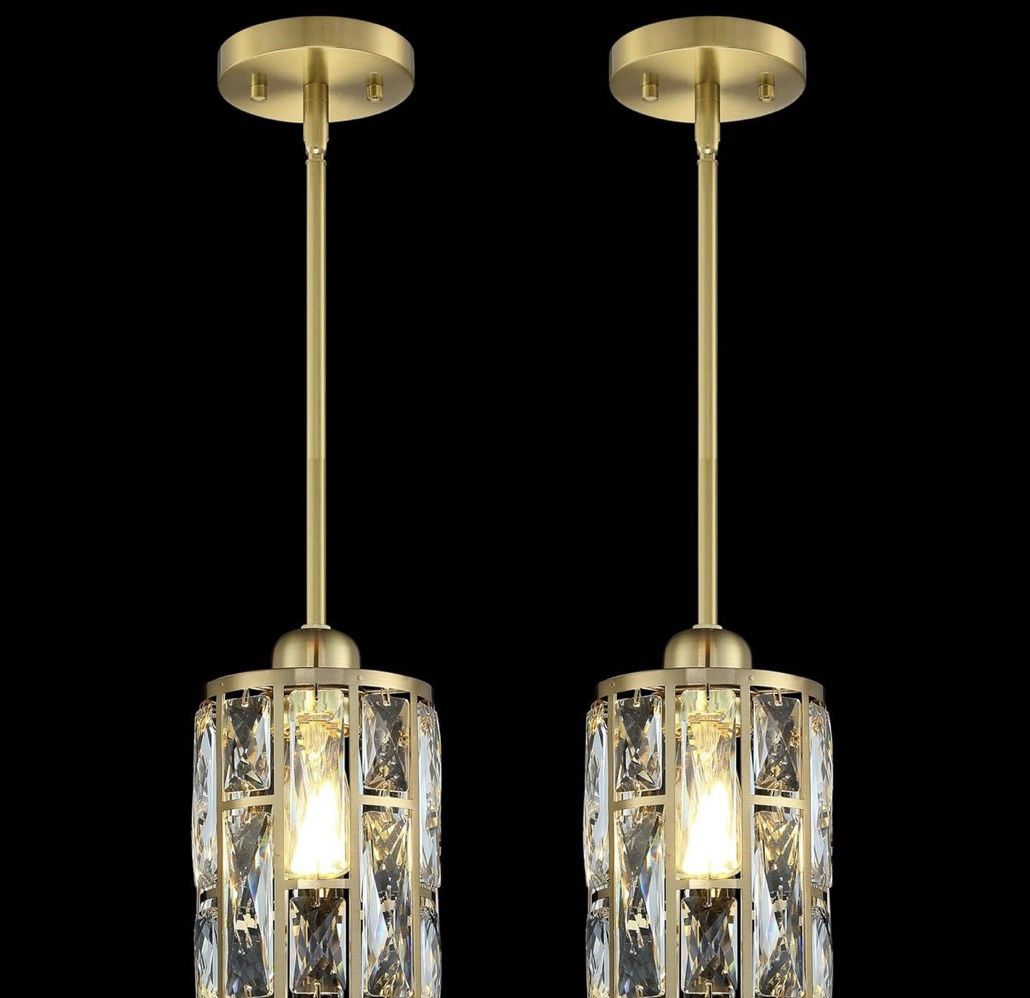 2 Pack 1 Light Hanging Kitchen Island Modern Concise 5.3" Crystal Pendant Light Fixture, Crystal Metal Chandelier Shade Gold Finish for Bar, Dining Ro