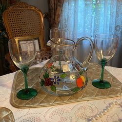 New Hand Painted Pitcher And 3 Glasses