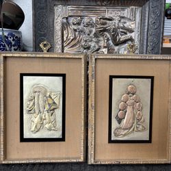 2 Vintage Antique Framed Kumiki Wall Art Classics.  Engraved Asian Japanese Oriental Emperor In Kimono & Geisha Girl.   PAIR $60 