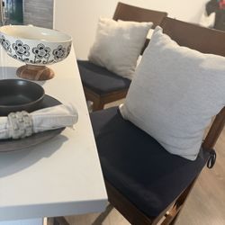 SOLID WOOD BAR STOOL SET (2) DARK BROWN W/ NAVY BLUE SEAT CUSHIONS &’ CREAM PILLOWS FOR COMFORTABILITY!! 