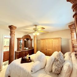 Luxury Solid Wood Bedroom Set w/ Marble Tops – 4 Poster Bed + Dresser + Nightstands