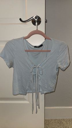 Light Blue Ribbed Tie-Front Crop Top