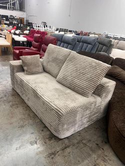 Left Facing 3 Seater Modular Sofa. Brown Corduroy with Throw Pillows