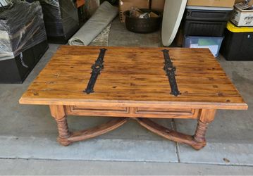 Rustic Spanish Style Solid Wood Coffee Table with Hand-Forged Iron Straps