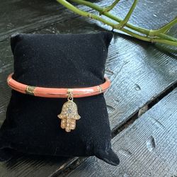 Peach Orange enamel and gold Hamsa bracelet  