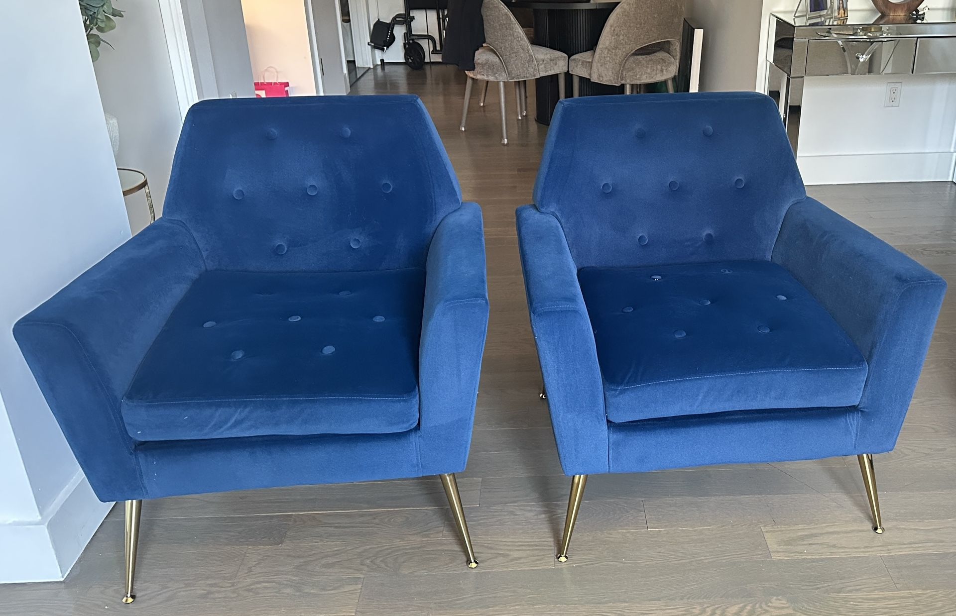 Set (2) of Velvet Living Room Accent Armchairs, Navy Blue, Great Condition