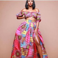 African print 2 Piece Crop Top and Pleated Maxi Skirt with Side Slit