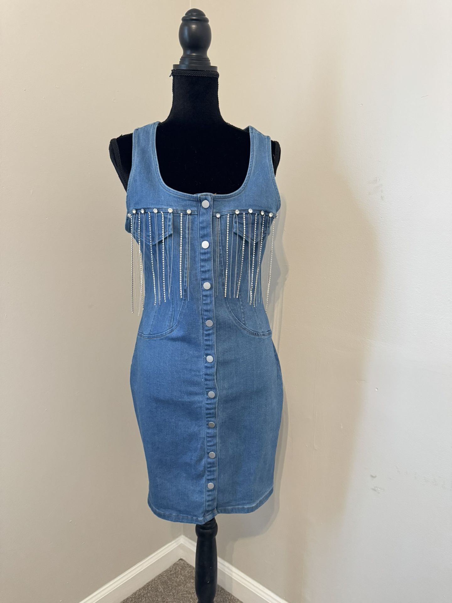 Haute Monde Denim Blue Rhinestone Dress Size Large