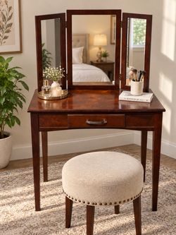 Wood Vanity Table with Tri-Fold Mirror and Stool
