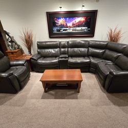 Slate Gray Leather Power Recliner Sectional Sofa and Chair