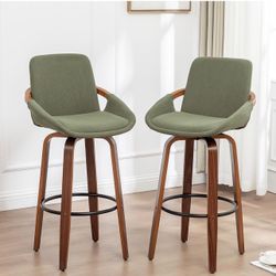 29.5" Bar Height Barstools Set of 2,Mid Century Modern Retro Bar Chairs Green Corduroy Fabric Uphols