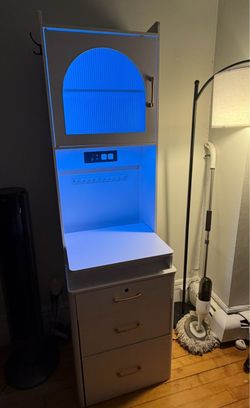 White vanity with storage, LED & mirror