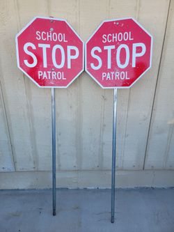 2 School Stop Patrol Red Octagon Traffic Crossing Sign On Pole