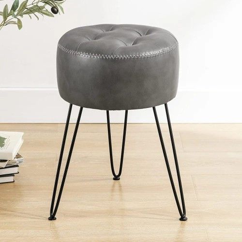 LUE BONA Faux Leather Vanity Stool Chair for Makeup Room, Grey Stool for Vanity, 19” Height, Tufted Small Vanity Chair Stool with Metal Legs, Modern F