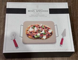 Italian Cucina Buon Appetito Premium Pizza Stone + Spatula + Rotary Pizza Cutter