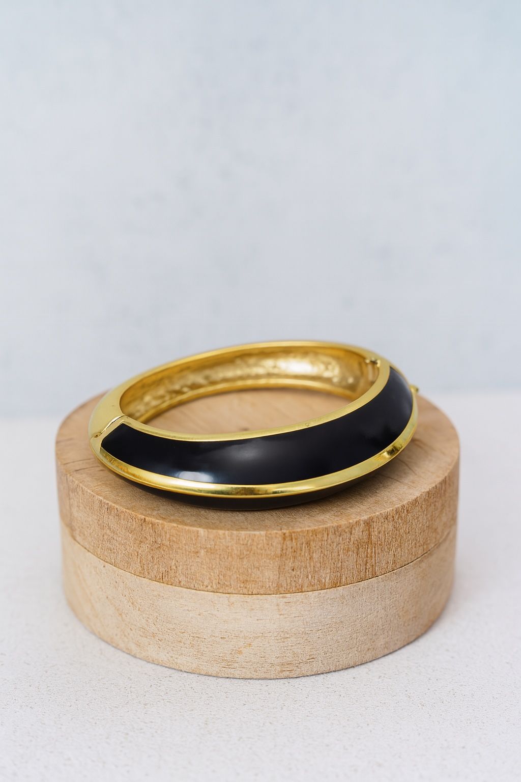 Lanvin Paris 1970s Modernist Black Gold Hinged Bangle Bracelet, 3x2”