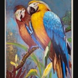 A Pair Of Parrots Very Beautiful Original Canvas Original Unique Signed Painting  45"X34"