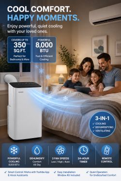 ✅ 8,000 BTU Powerful Cooling ✅ Cools Rooms Up to 350 Sq.Ft. ✅ 3-in-1 Cooling • Fan • Dehumidifier ✅ Smart Wi-Fi Control ✅ Works with Alexa & Google As