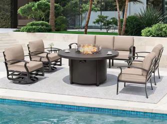 7-Piece Outdoor Aluminum Patio Conversation Set, with 2 Swivel Rocking Chairs and Round Fire Pit Table, Sand Cushions