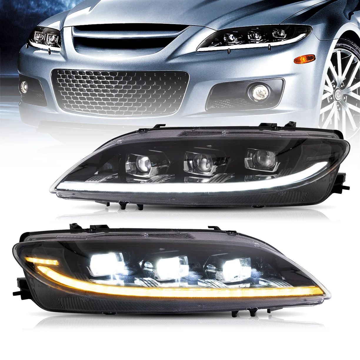  LED Headlights For 2002-2008 Mazda 6 First Gen(GG1) Fit Factory Halogen Models